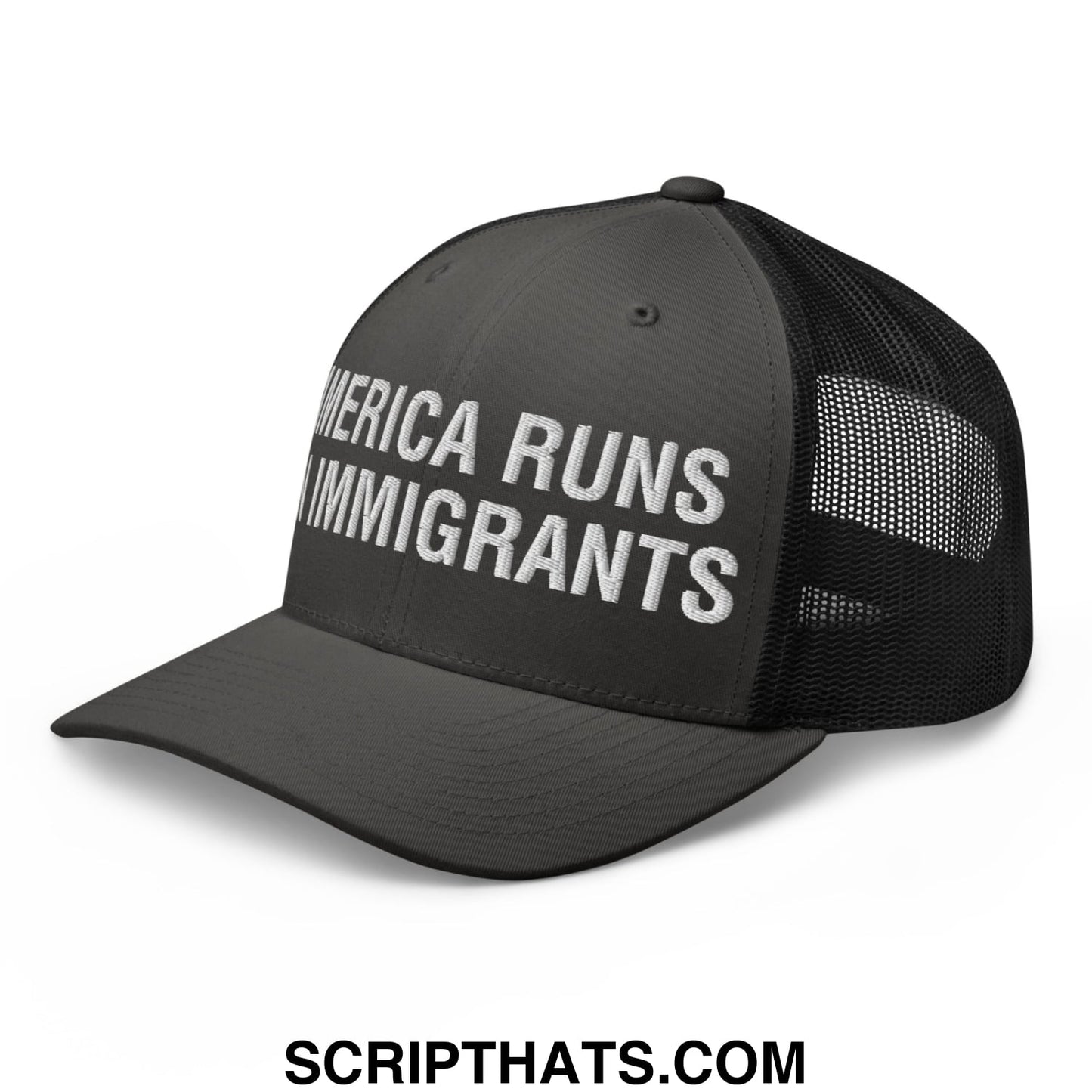 America Runs On Immigrants Embroidered Mesh Trucker Hat Charcoal Black