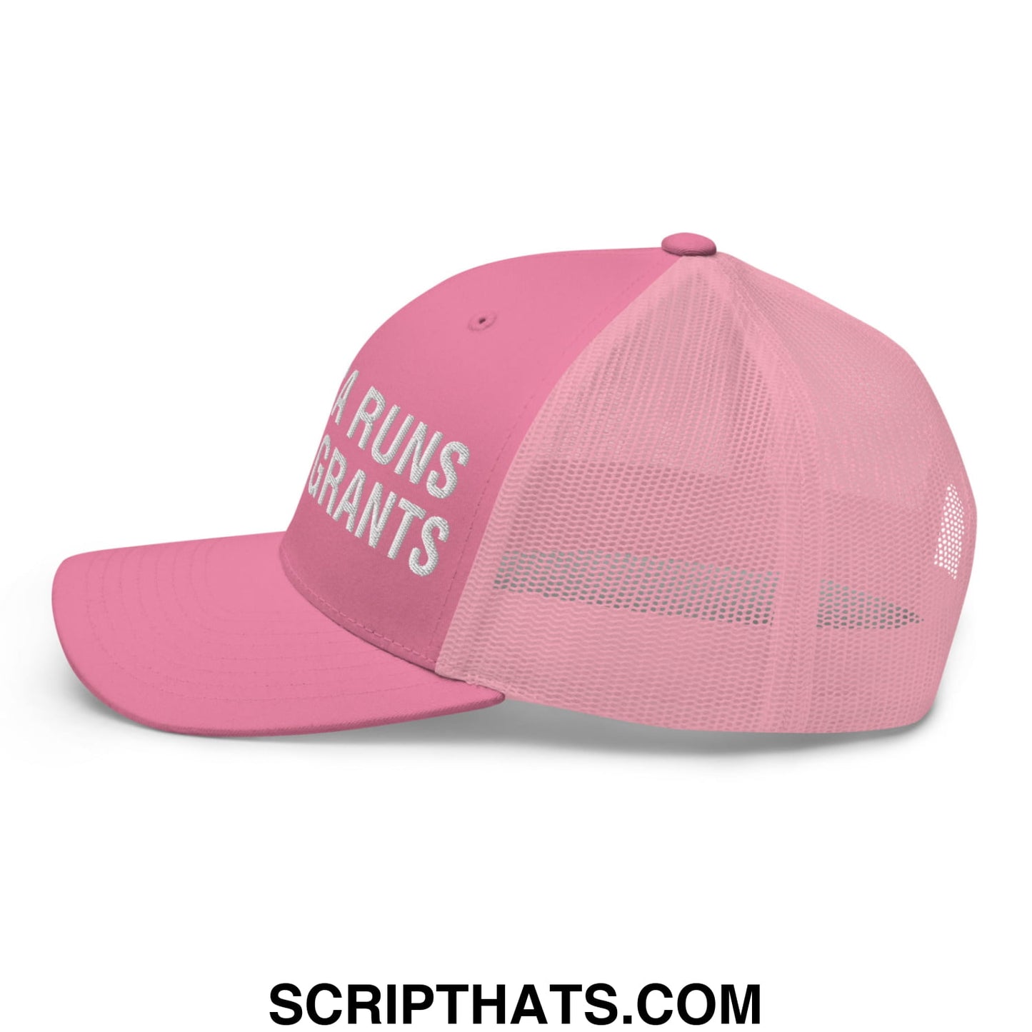 America Runs On Immigrants Embroidered Mesh Trucker Hat Pink