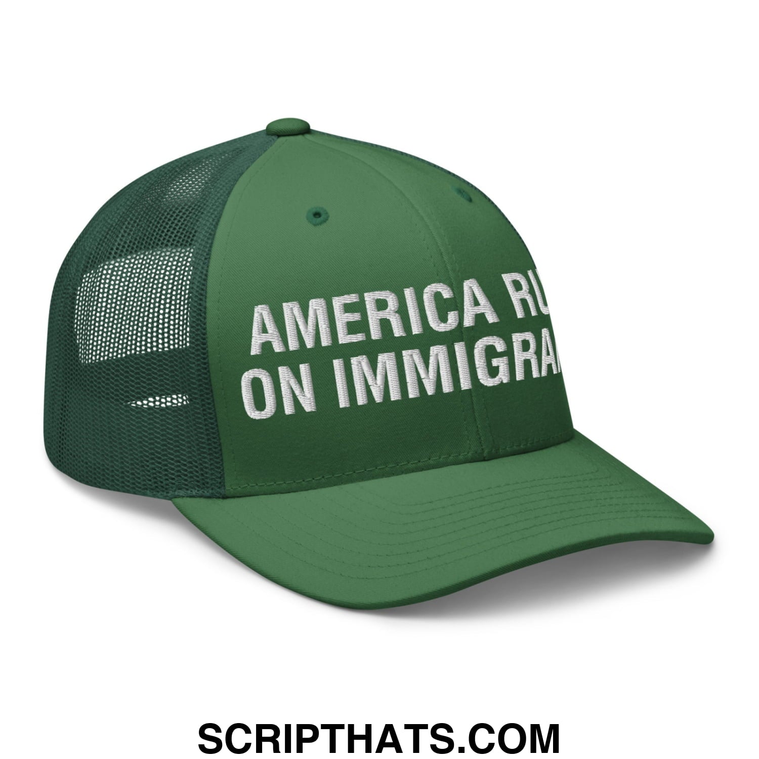 America Runs On Immigrants Embroidered Mesh Trucker Hat Evergreen