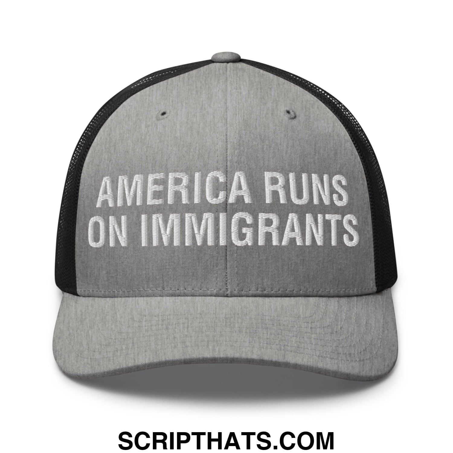 America Runs On Immigrants Embroidered Mesh Trucker Hat Heather Black