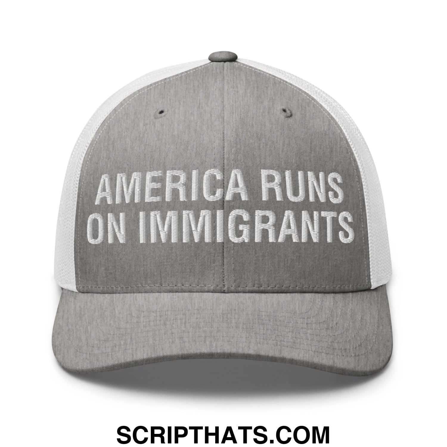America Runs On Immigrants Embroidered Mesh Trucker Hat Heather Grey White