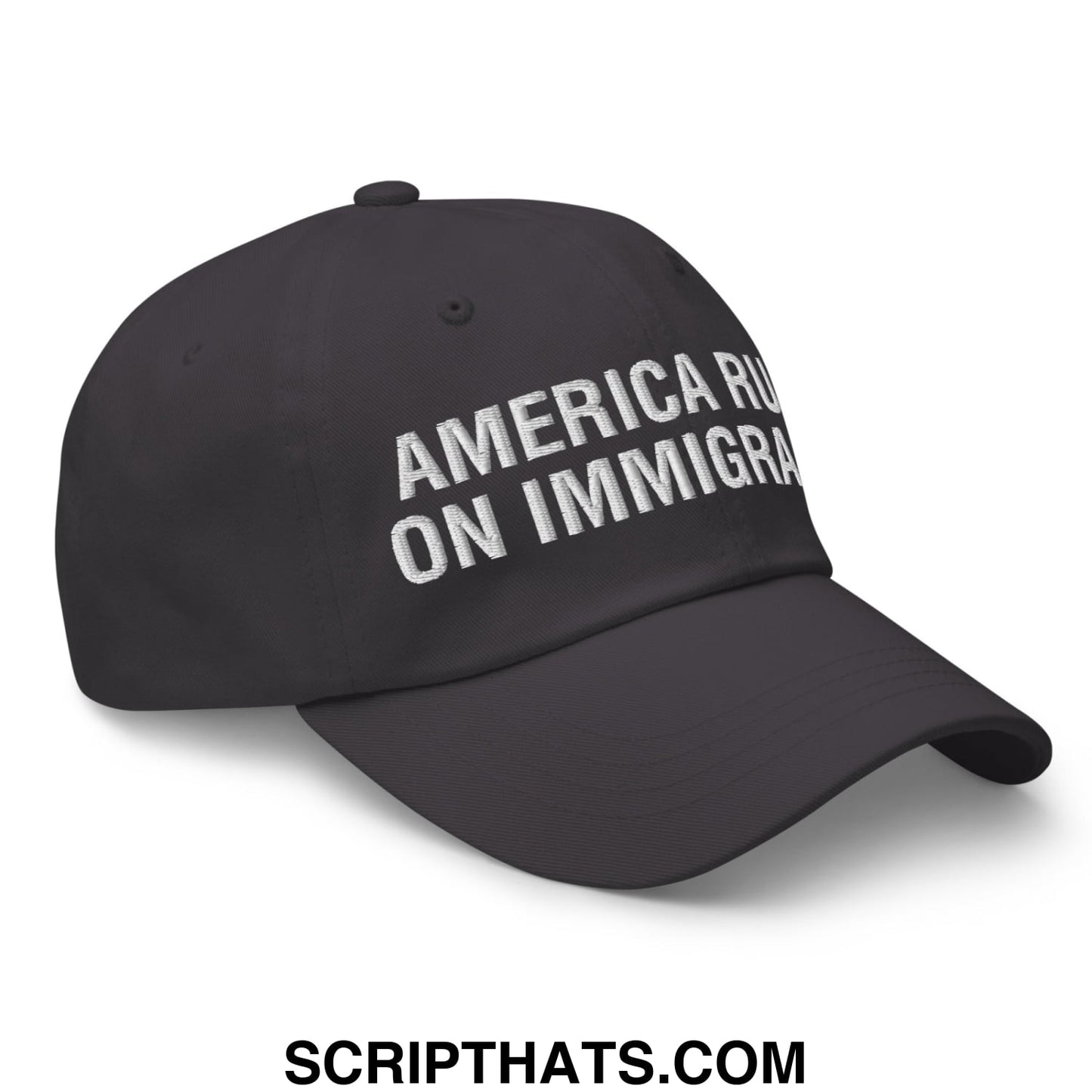 America Runs On Immigrants Embroidered Unstructured Dad Hat Dark Grey