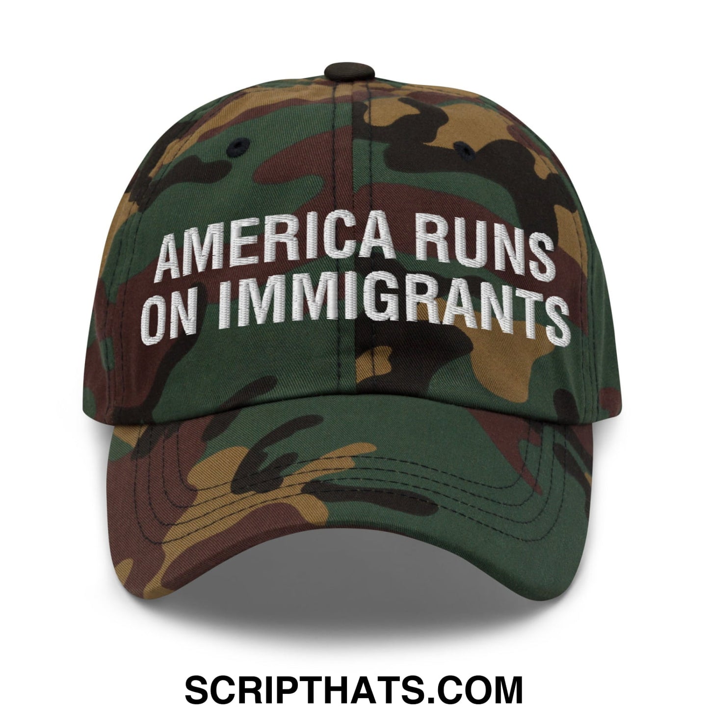 America Runs On Immigrants Embroidered Unstructured Dad Hat Green Camo