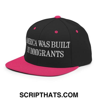 America Was Built By Immigrants Embroidered Flat Bill Brim Snapback Hat Black Neon Pink