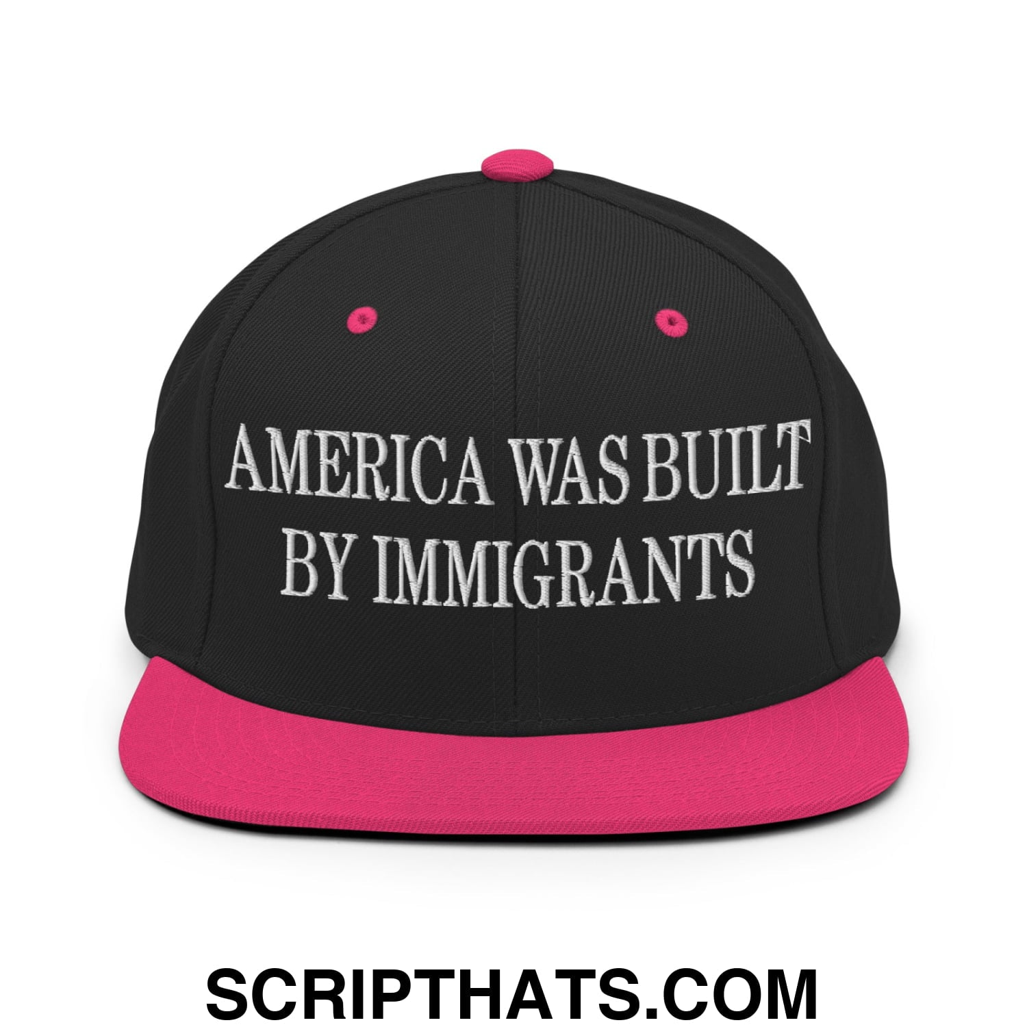 America Was Built By Immigrants Embroidered Flat Bill Brim Snapback Hat Black Neon Pink