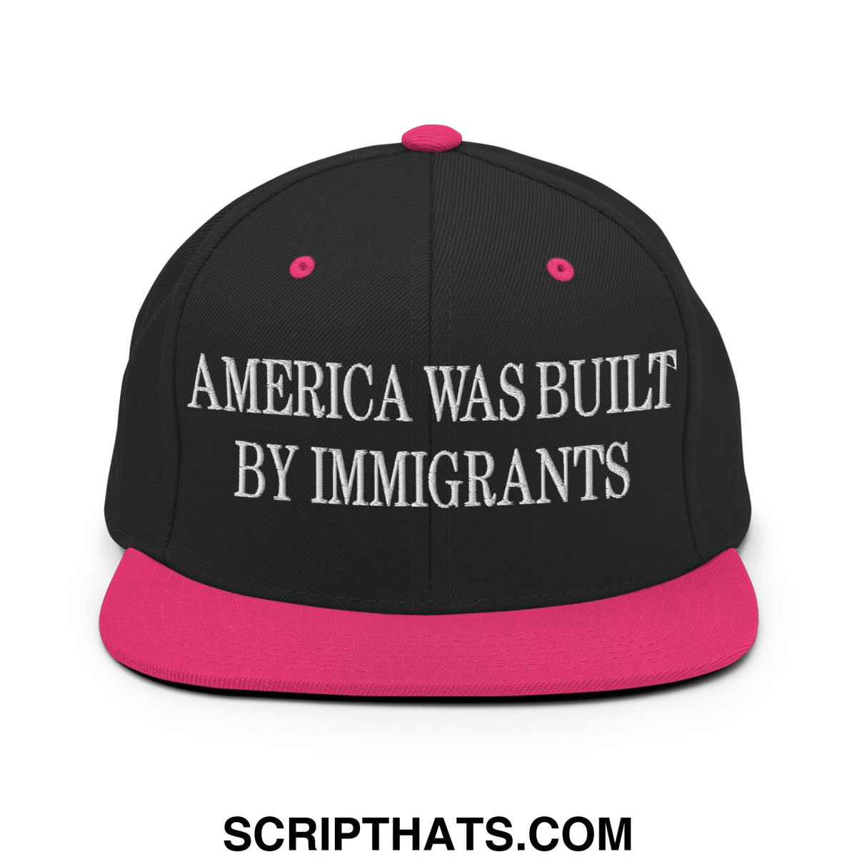 Black snapback cap with vibrant pink brim and white embroidered text america was built by immigrants