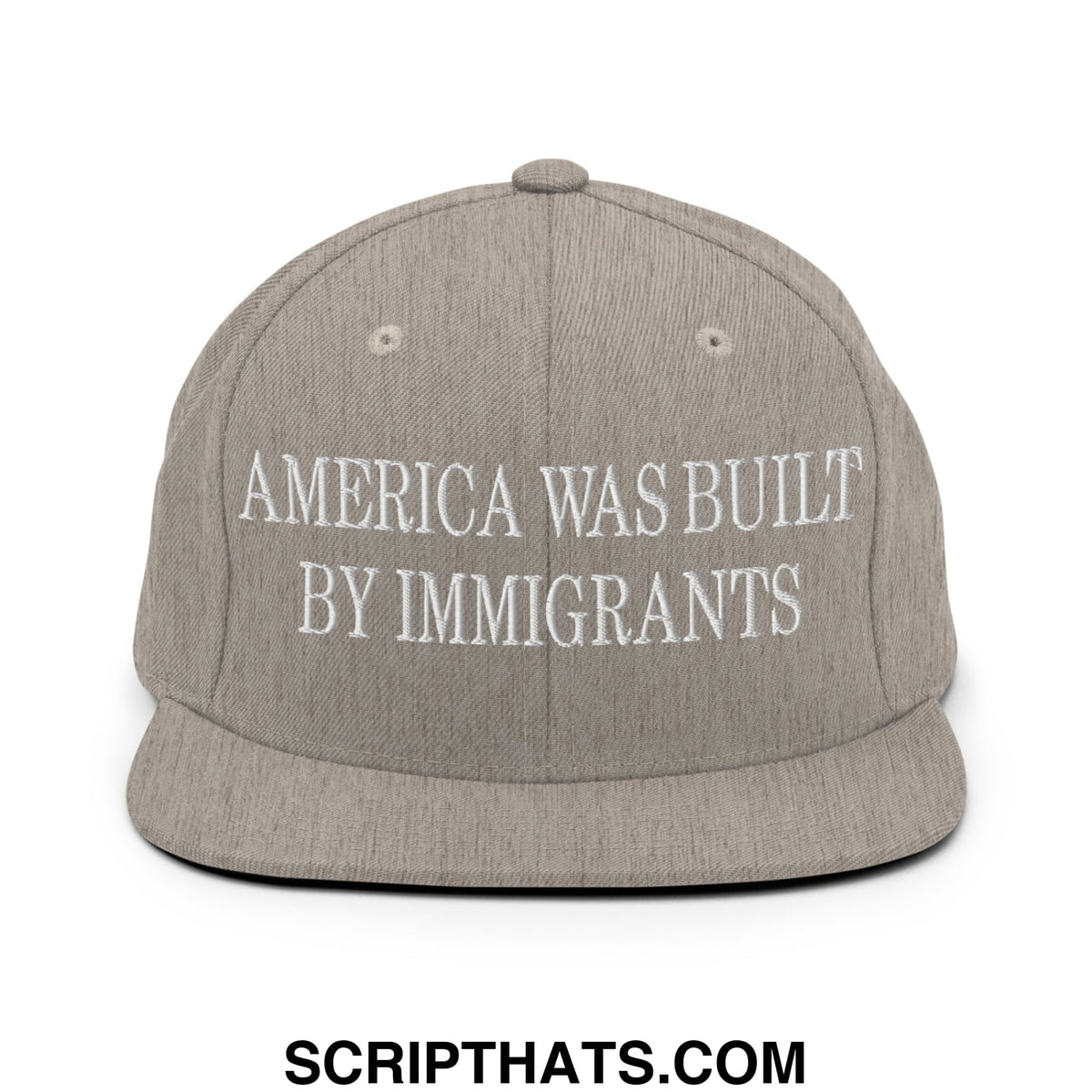Gray flat bill snapback hat with white embroidered america was built by immigrants text across the front