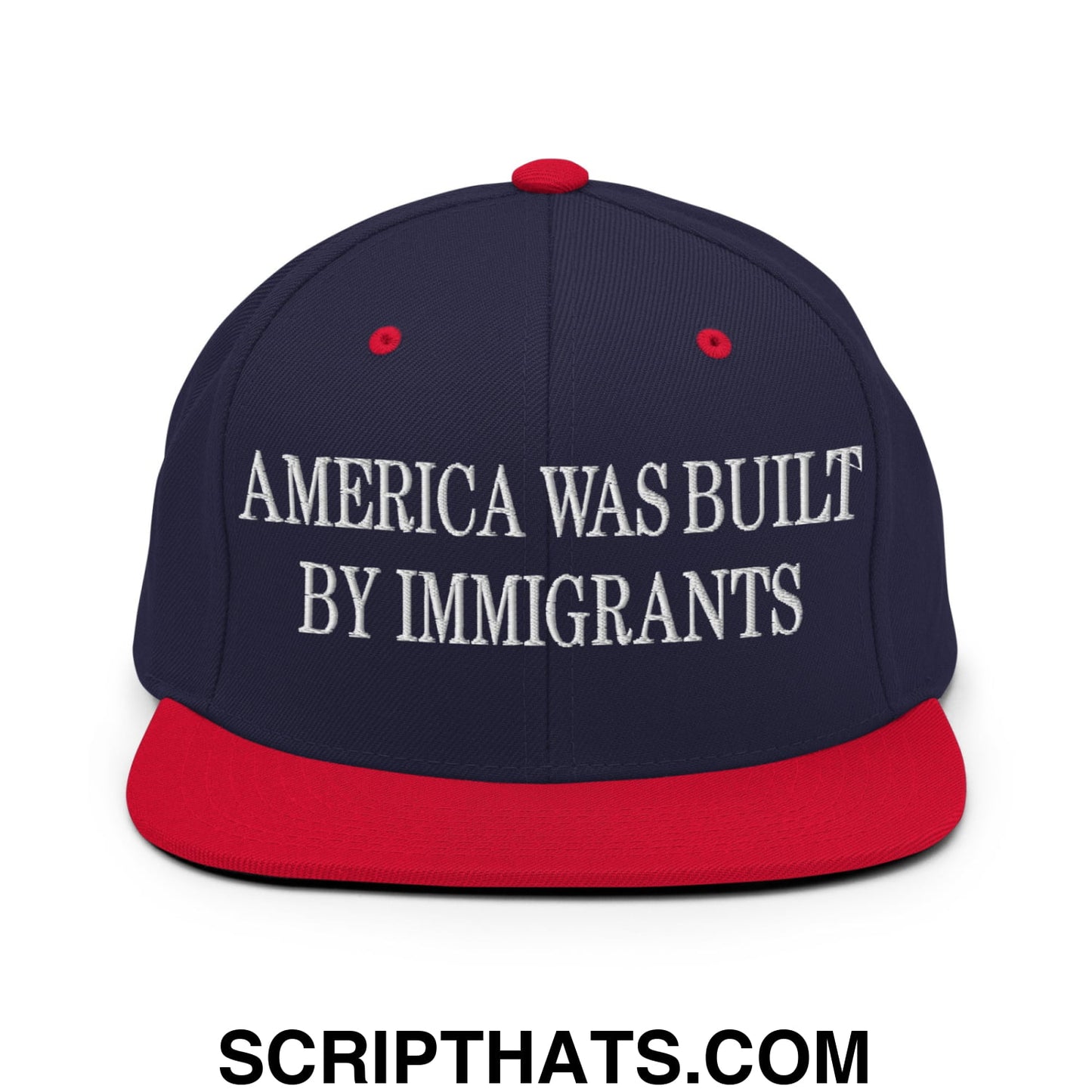 America Was Built By Immigrants Embroidered Flat Bill Brim Snapback Hat Navy Red