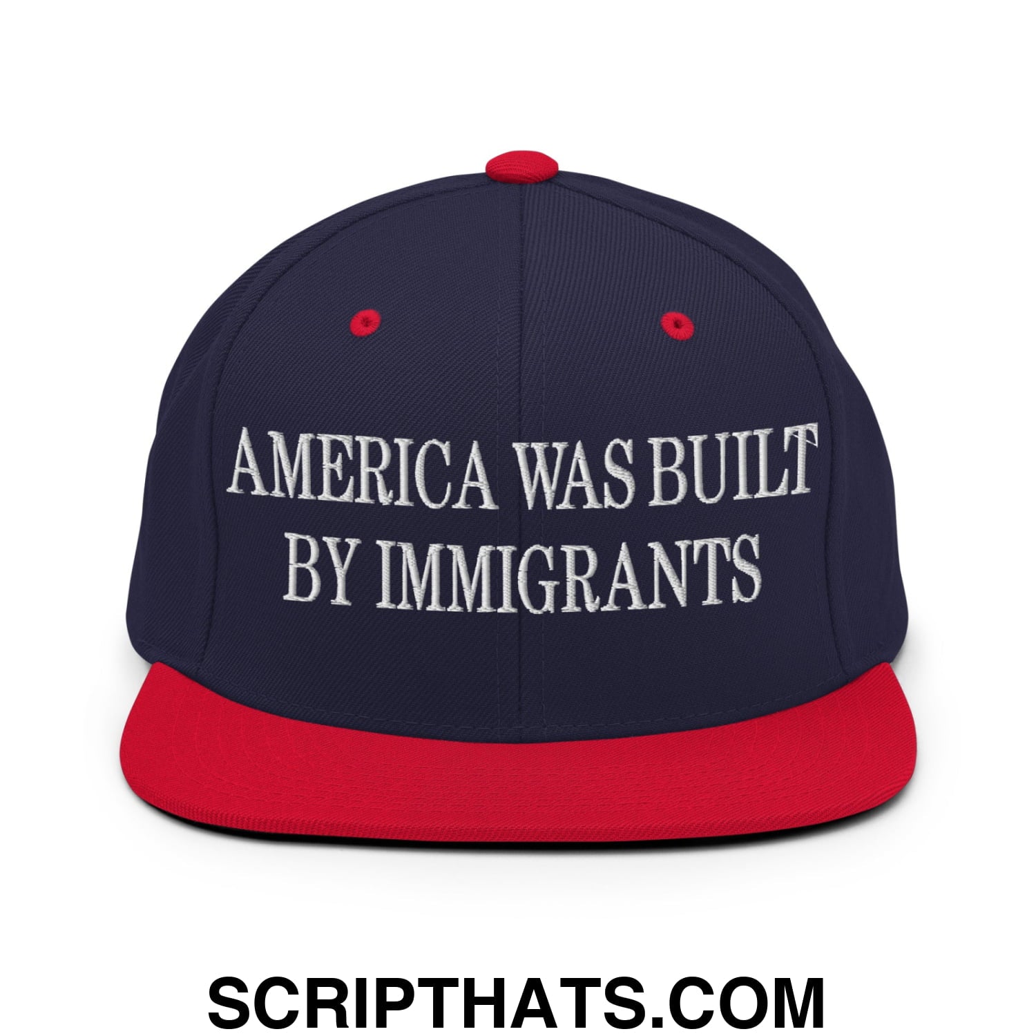 America Was Built By Immigrants Embroidered Flat Bill Brim Snapback Hat Navy Red