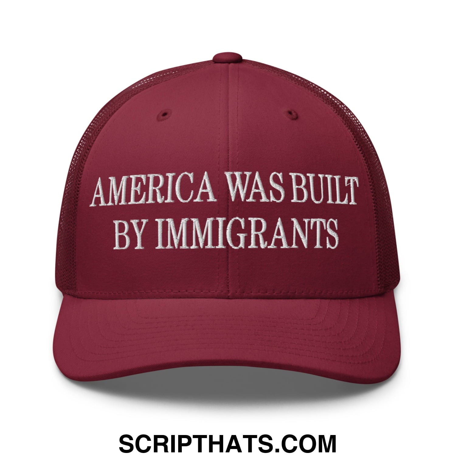 America Was Built By Immigrants Embroidered Mesh Trucker Hat Cranberry