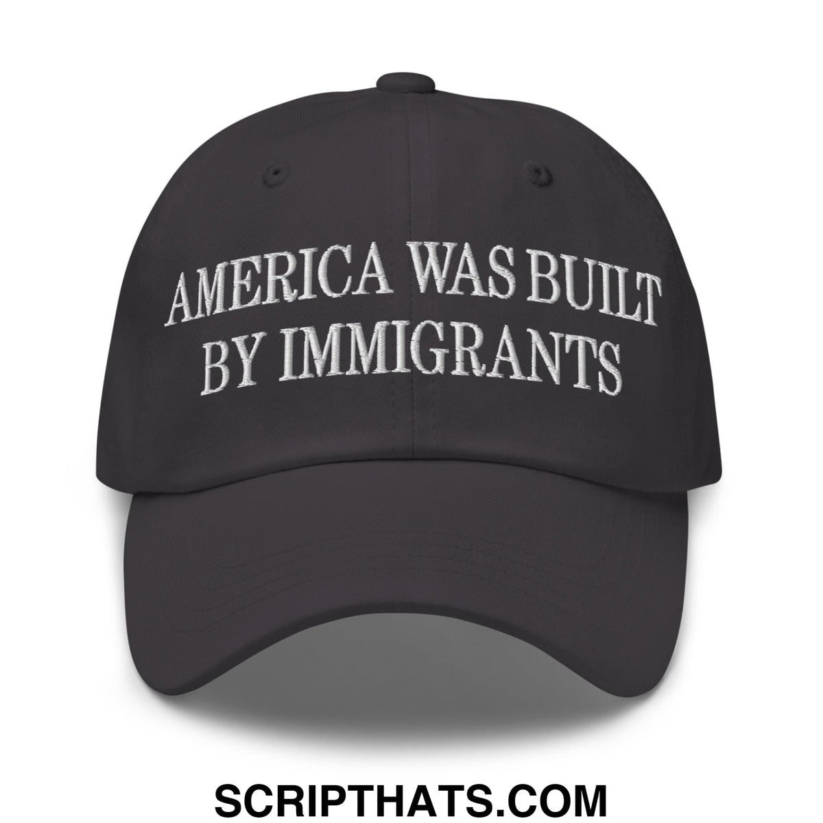 Black unstructured dad hat with white embroidered america was built by immigrants text for casual wear
