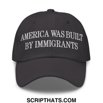 Black unstructured dad hat with white embroidered america was built by immigrants text for casual wear