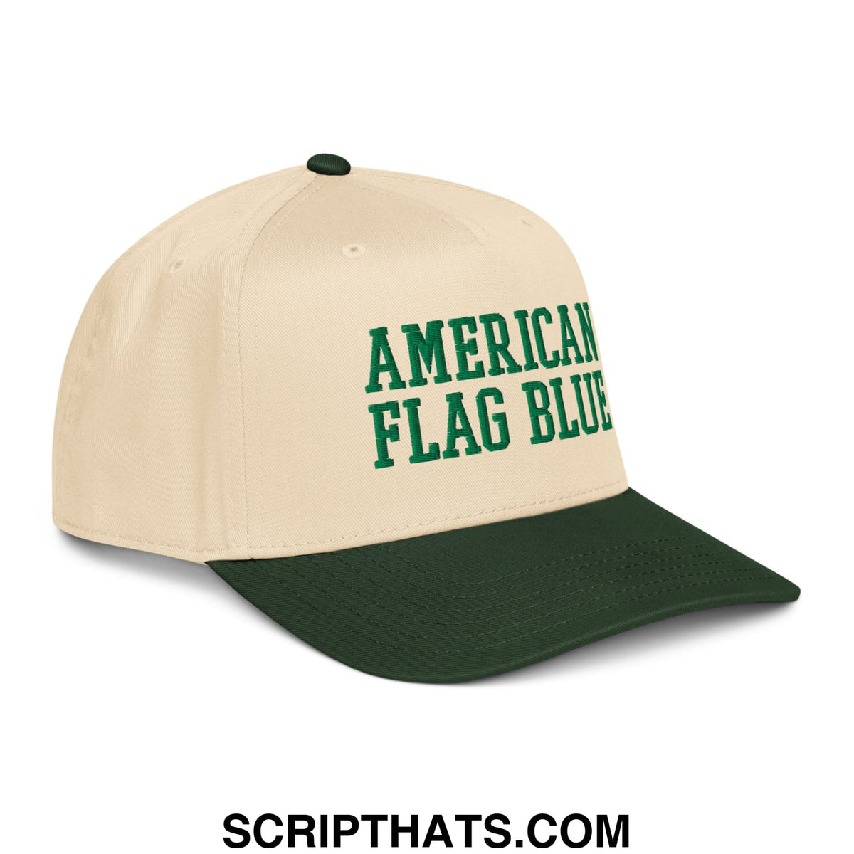Beige and dark green baseball snapback hat embroidered with american flag blue in bold green lettering