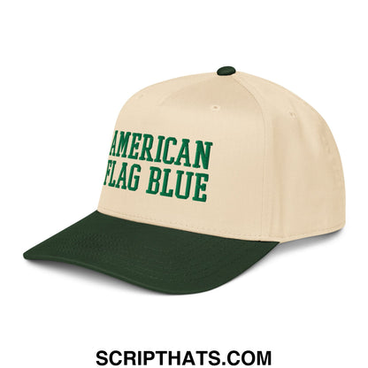 Beige and dark green two-tone baseball snapback hat with American Flag Blue embroidered in bold green lettering