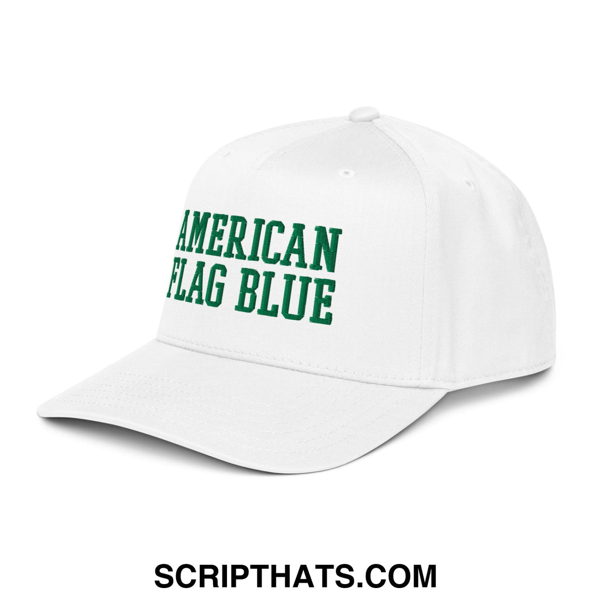 White baseball snapback hat with green embroidered american flag blue text inspired by lincoln memorial algae