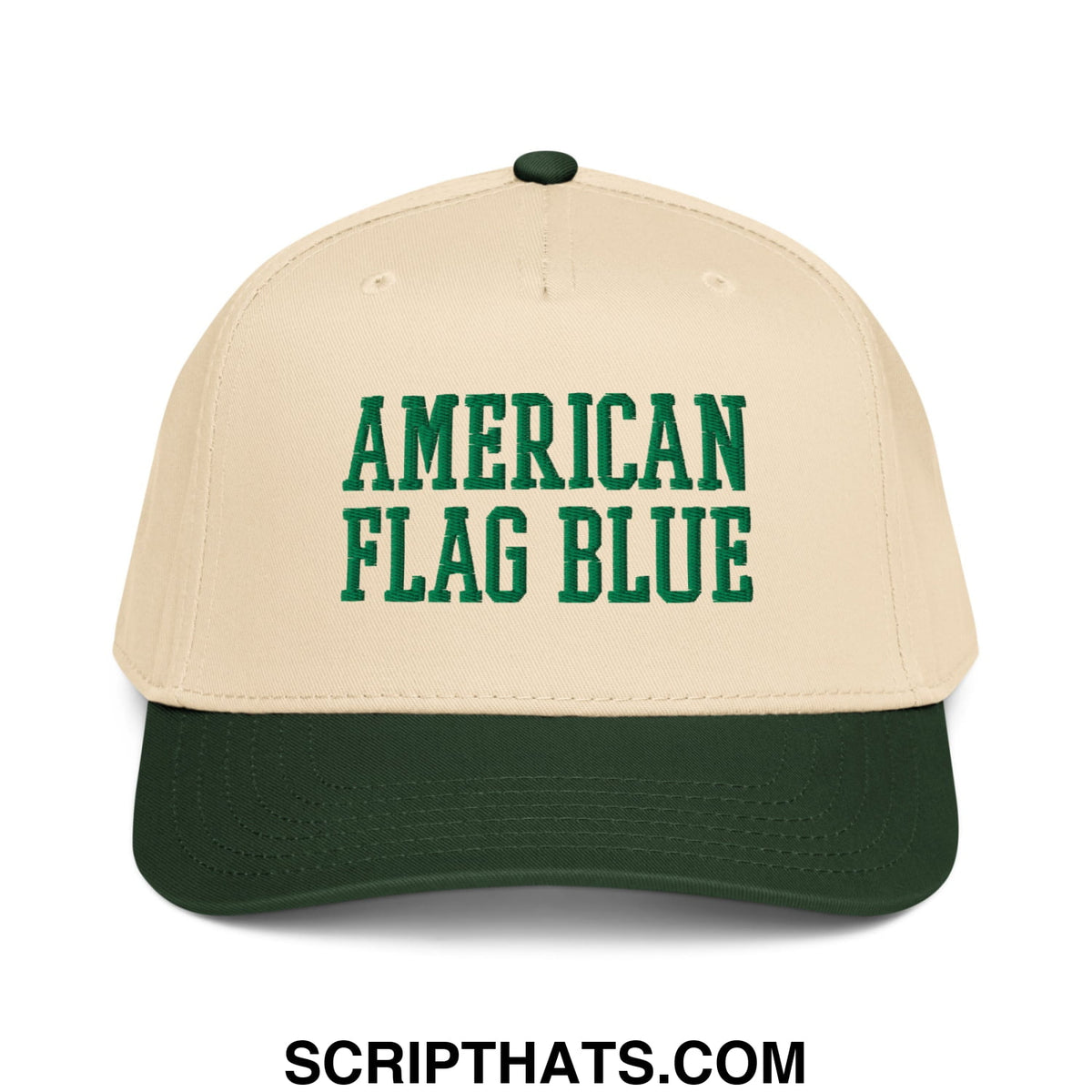 Beige and dark green baseball cap with american flag blue embroidered in bold green letters on front panel