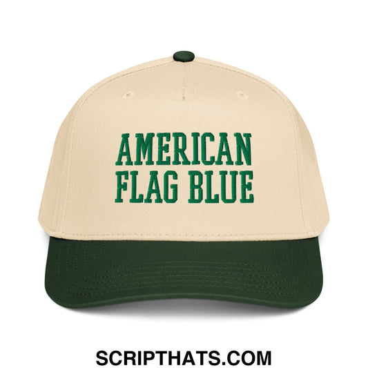 Beige and dark green baseball cap with american flag blue embroidered in bold green letters on front panel