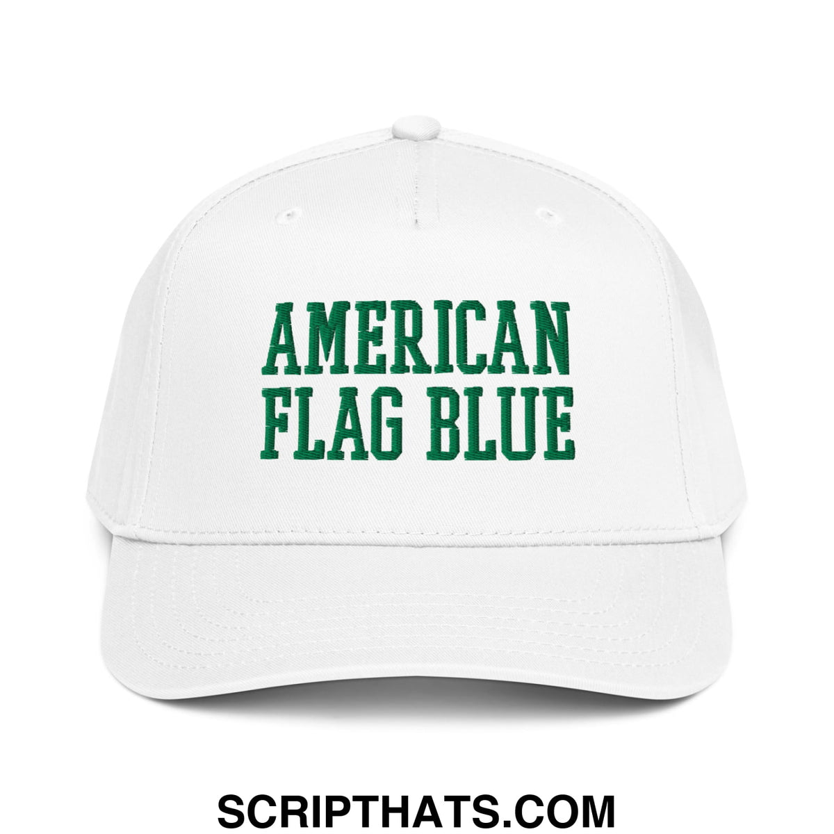 White baseball snapback hat with green embroidered american flag blue text inspired by lincoln memorial pool algae
