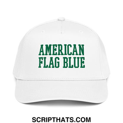 White baseball snapback hat with green embroidered american flag blue text inspired by lincoln memorial pool algae