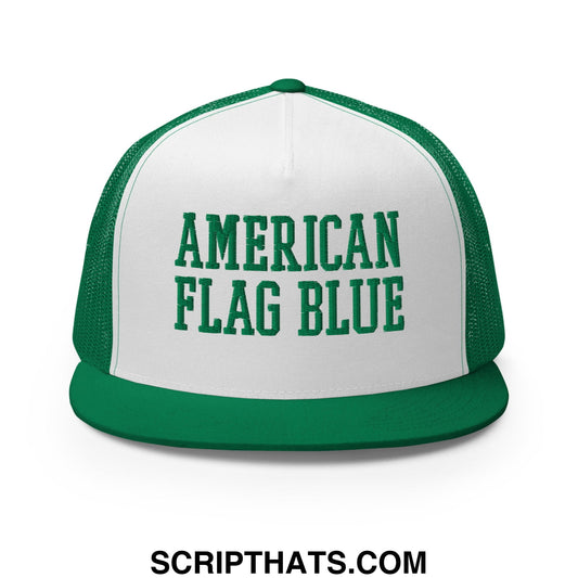 Green and white mesh trucker hat with american flag blue embroidered in bold green letters on flat bill brim