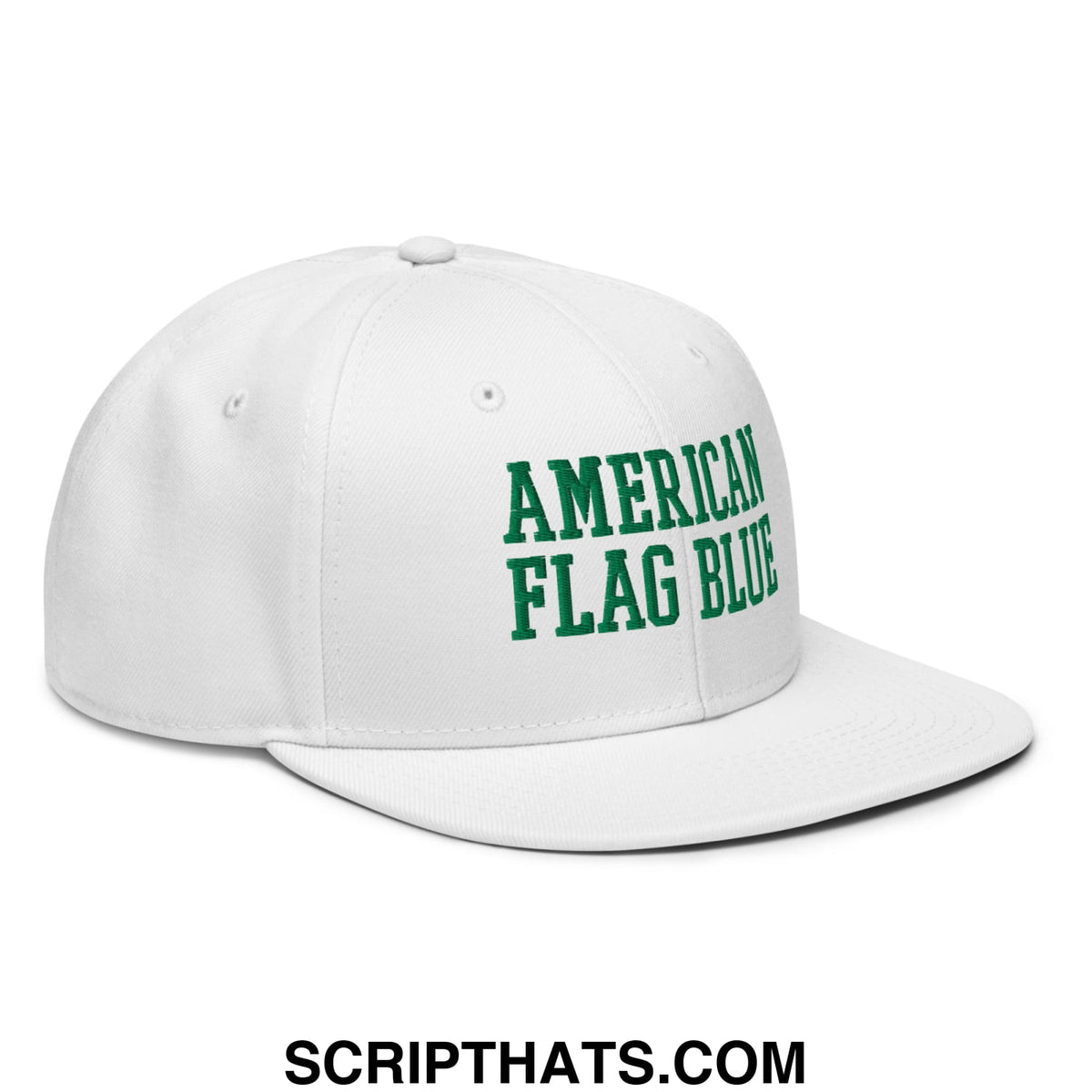 White snapback cap with green embroidered american flag blue text featuring a flat bill brim design