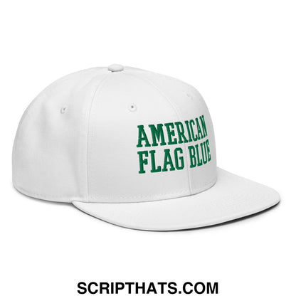 White snapback cap with green embroidered american flag blue text featuring a flat bill brim design