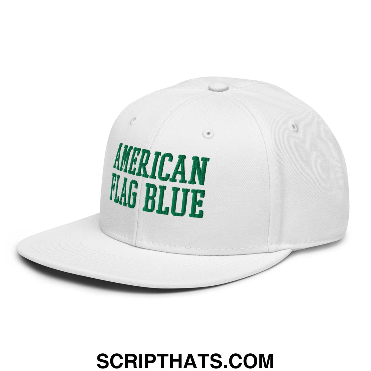 White snapback hat with green embroidered american flag blue text featuring Lincoln Memorial reflecting pool design