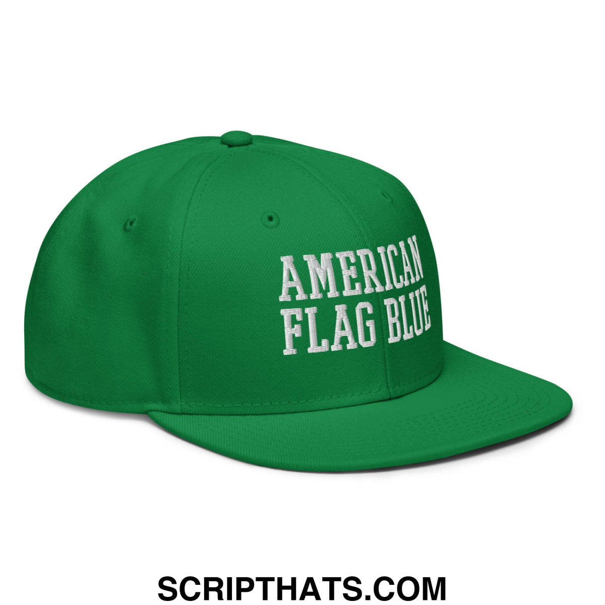 Green snapback hat with white embroidered american flag blue text featuring a flat bill brim design