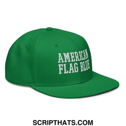 Green snapback hat with white embroidered american flag blue text featuring a flat bill brim design