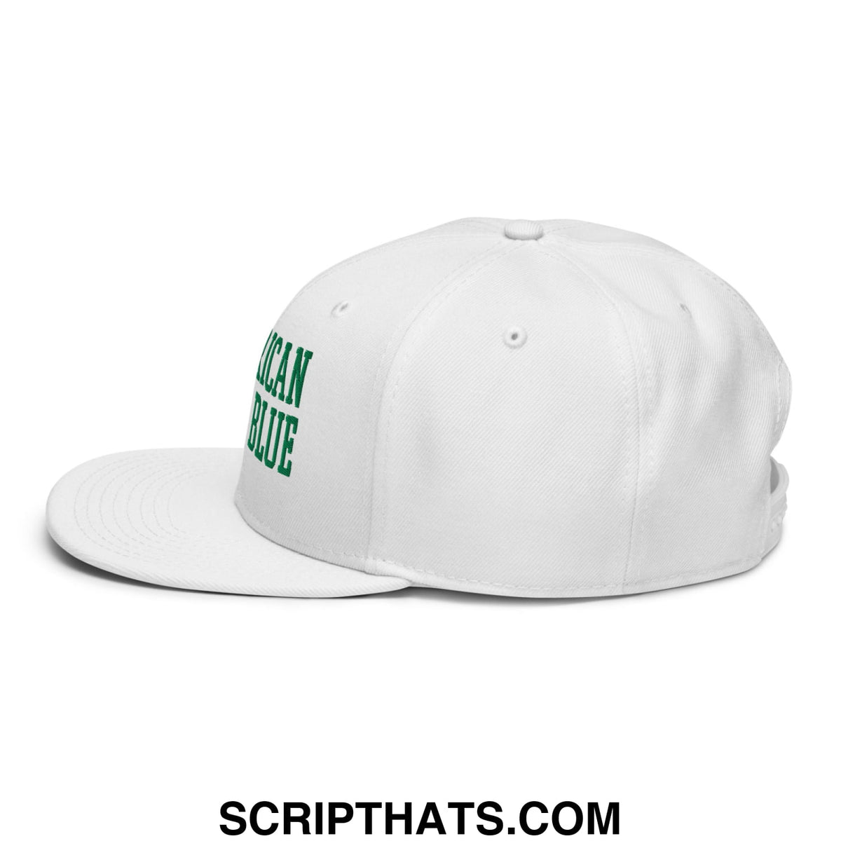 White snapback cap with green mexican blue embroidery on the side featuring american flag blue lincoln memorial design