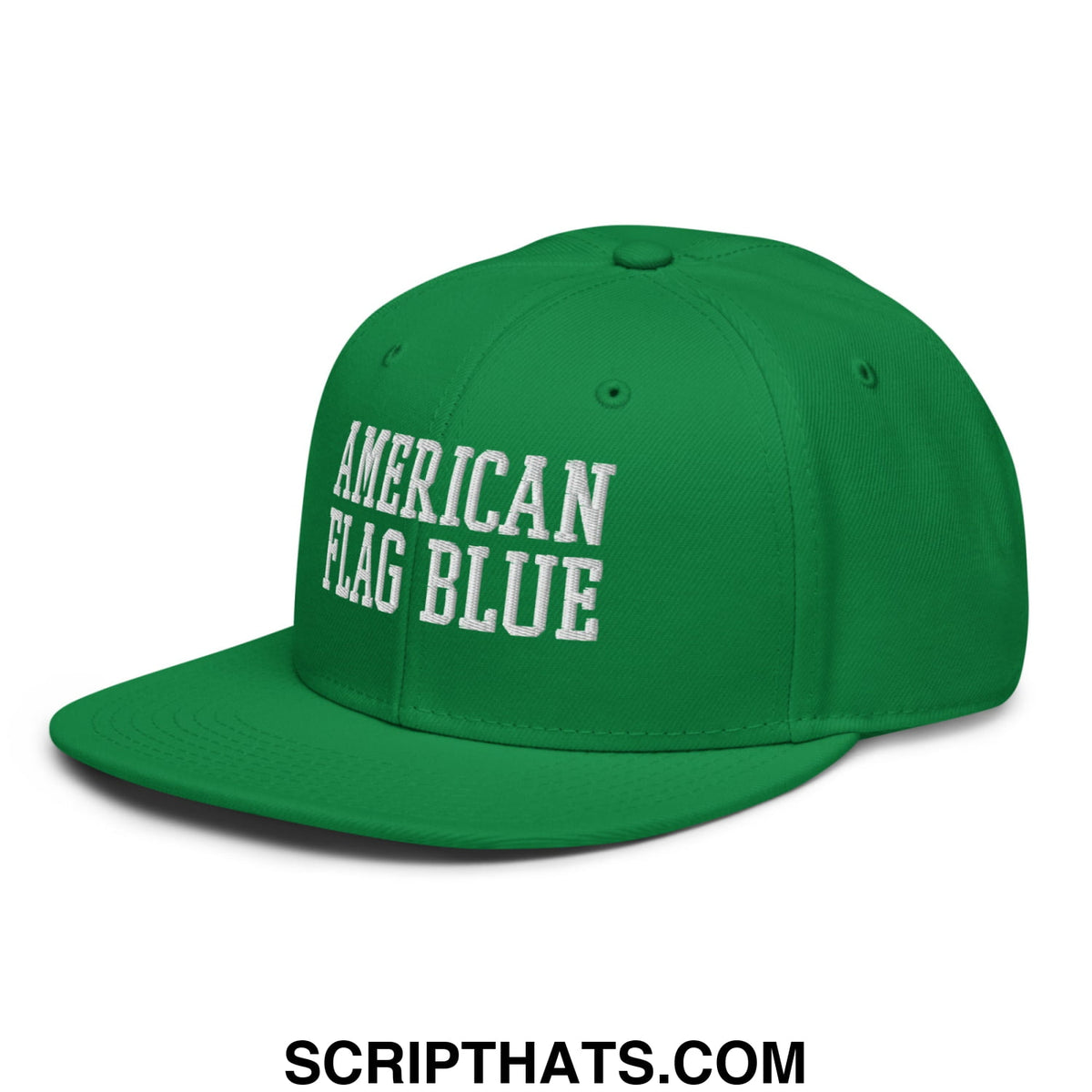 Green snapback cap with white embroidered american flag blue text and flat bill brim inspired by lincoln memorial pool algae