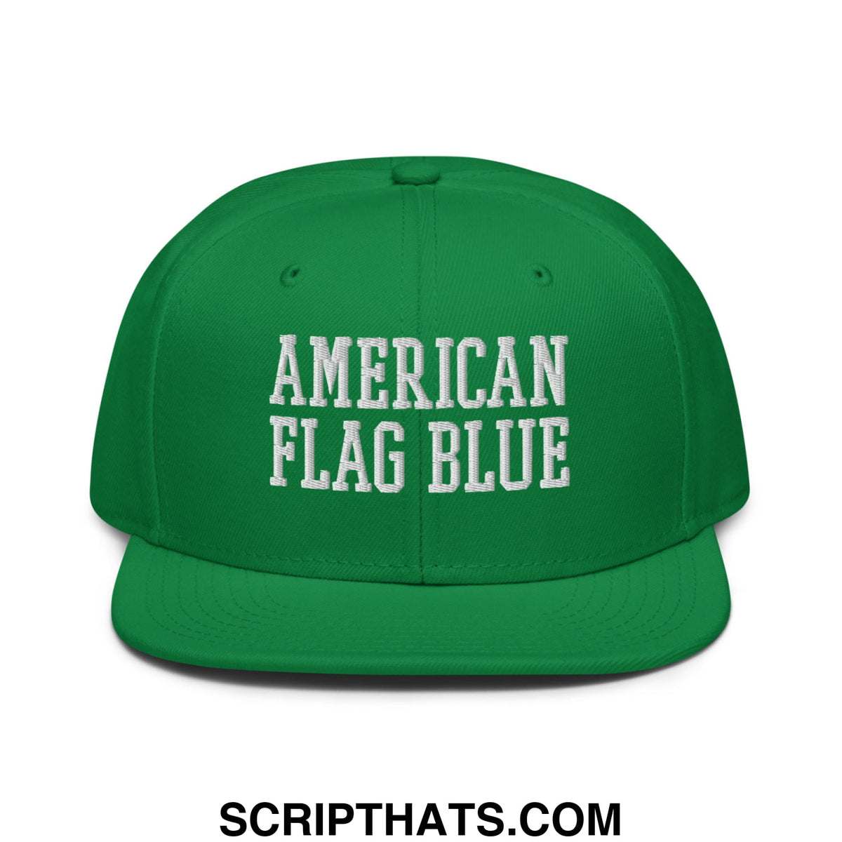 Green snapback cap with white embroidered american flag blue text and flat bill brim inspired by lincoln memorial design