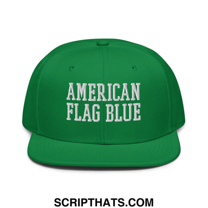 Green snapback cap with white embroidered american flag blue text and flat bill brim inspired by lincoln memorial design