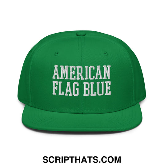 Green snapback cap with white embroidered american flag blue text and flat bill brim inspired by lincoln memorial design