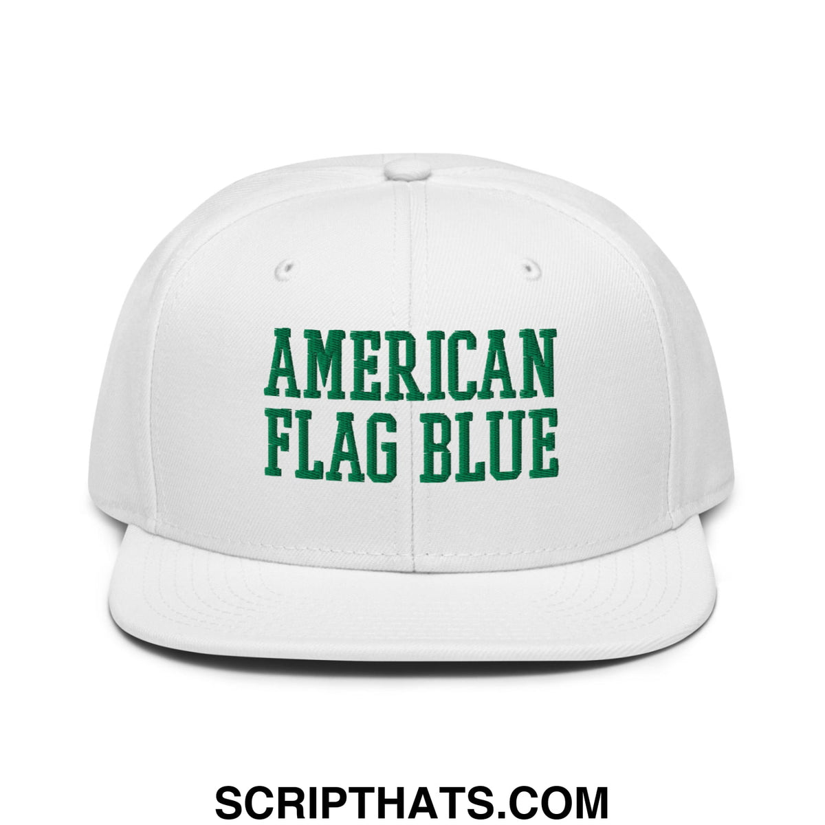 White snapback cap with green embroidered american flag blue text featuring lincoln memorial reflecting pool algae design