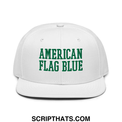 White snapback cap with green embroidered american flag blue text featuring lincoln memorial reflecting pool algae design