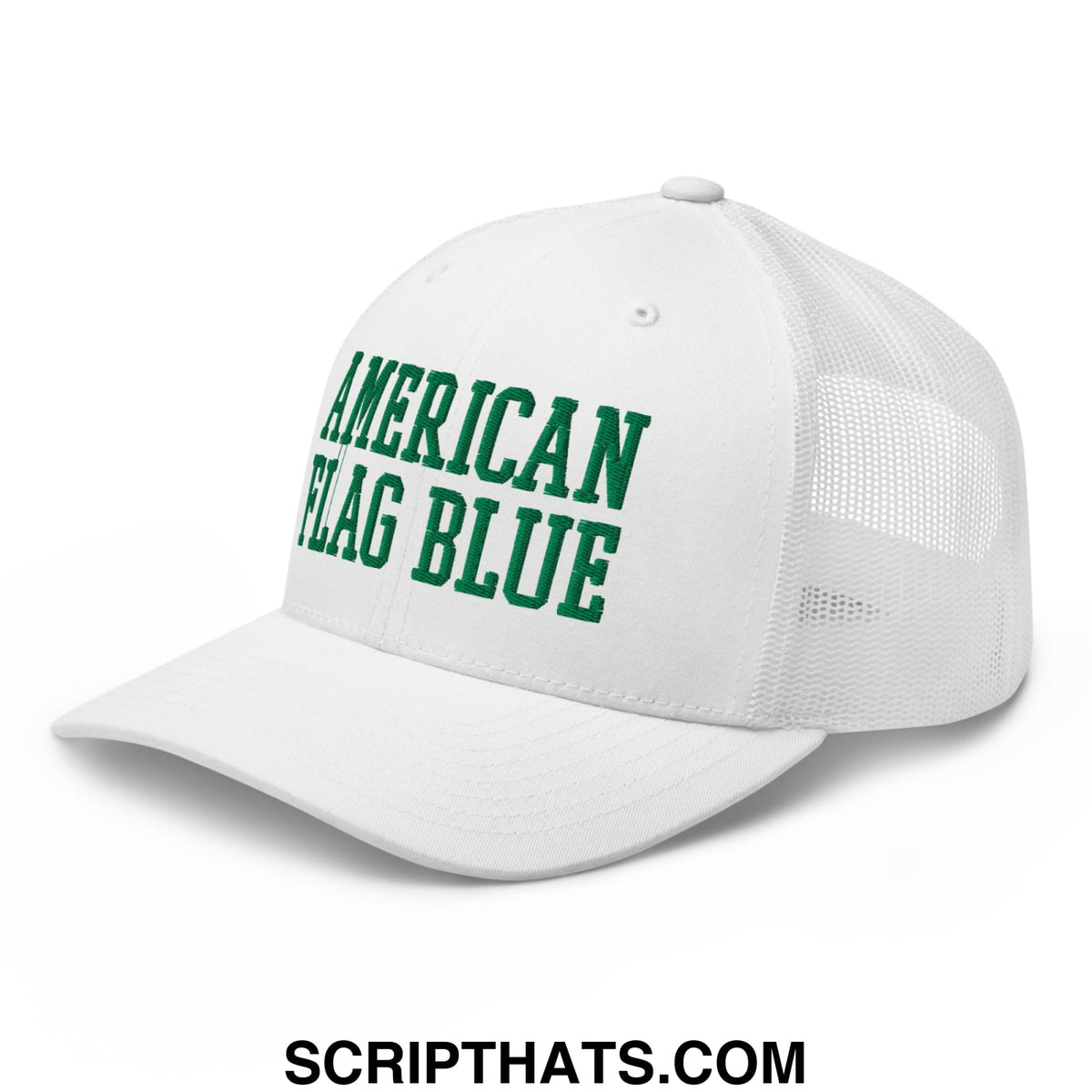 White mesh trucker hat with green embroidered american flag blue text featuring Lincoln Memorial design