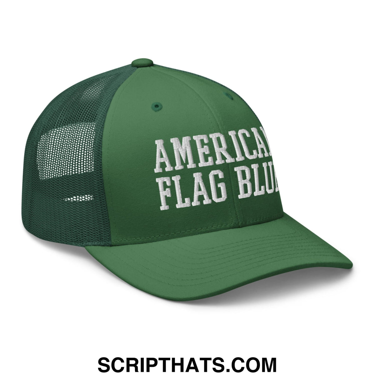 Green mesh trucker hat with white embroidered american flag blue text inspired by lincoln memorial pool algae