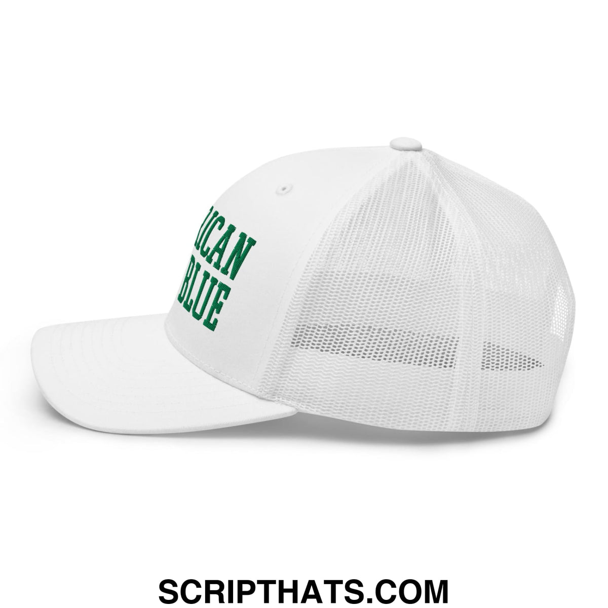 White mesh trucker hat with green embroidered american blue text side detail inspired by lincoln memorial design