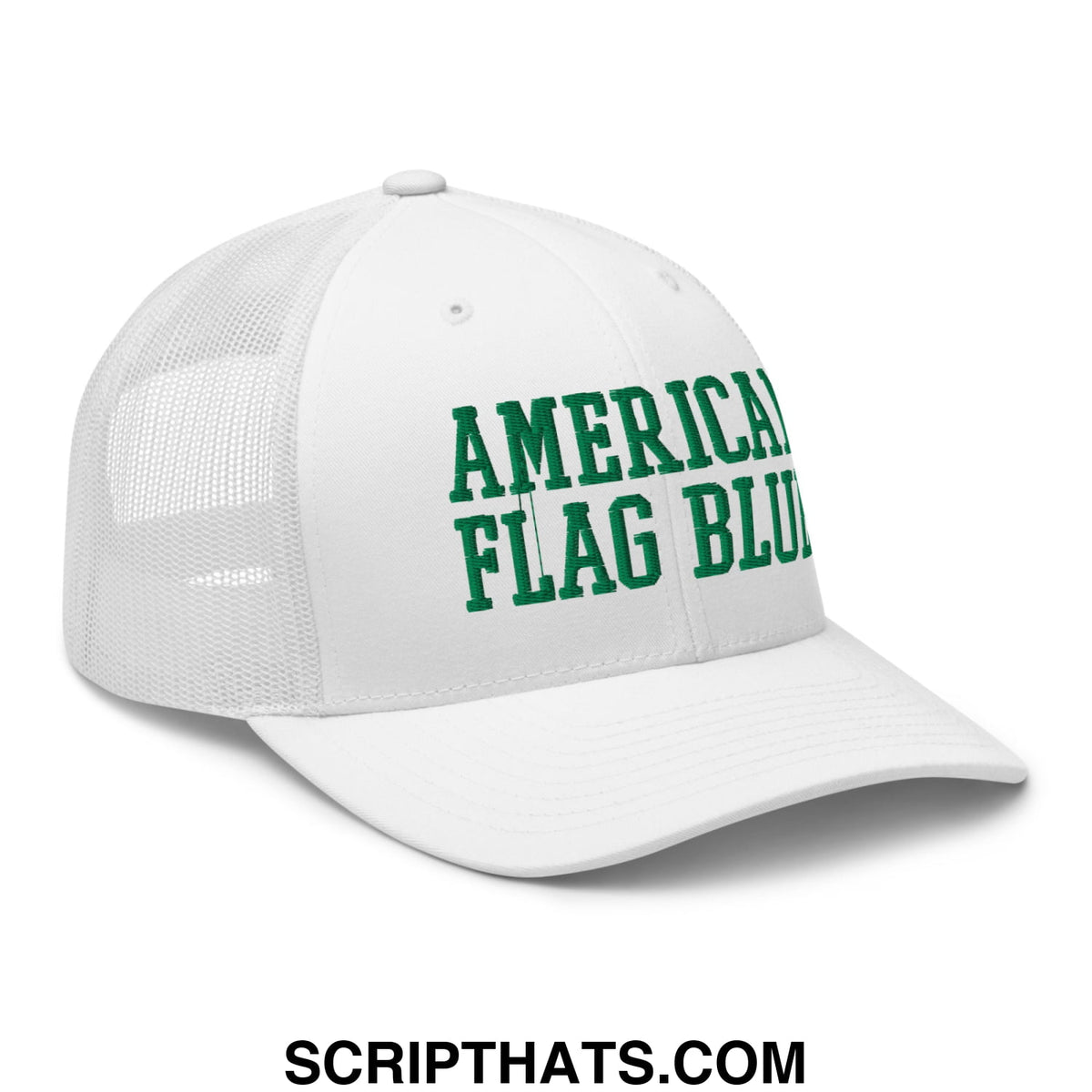 White mesh trucker hat with green embroidered american flag blue text featuring Lincoln Memorial algae design
