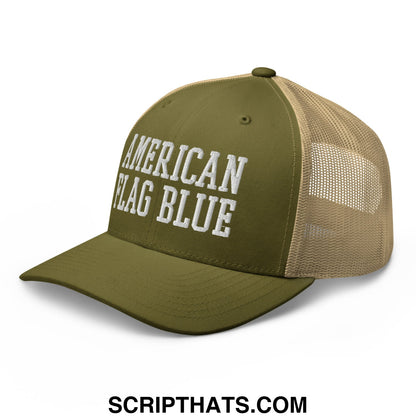 Olive green and tan mesh trucker hat with white embroidered american flag blue text on front panel