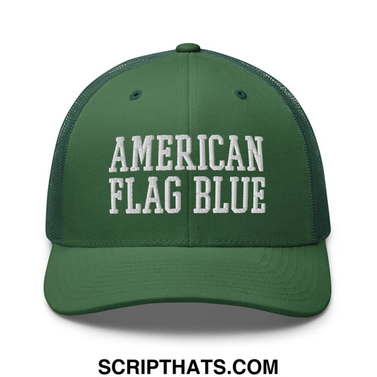 A dark green mesh trucker hat with white embroidered american flag blue text on front inspired by lincoln memorial algae