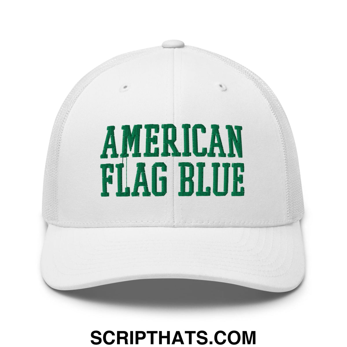 White mesh trucker hat with green embroidered american flag blue text front inspired by lincoln memorial pool algae