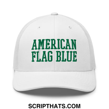 White mesh trucker hat with green embroidered american flag blue text front inspired by lincoln memorial pool algae