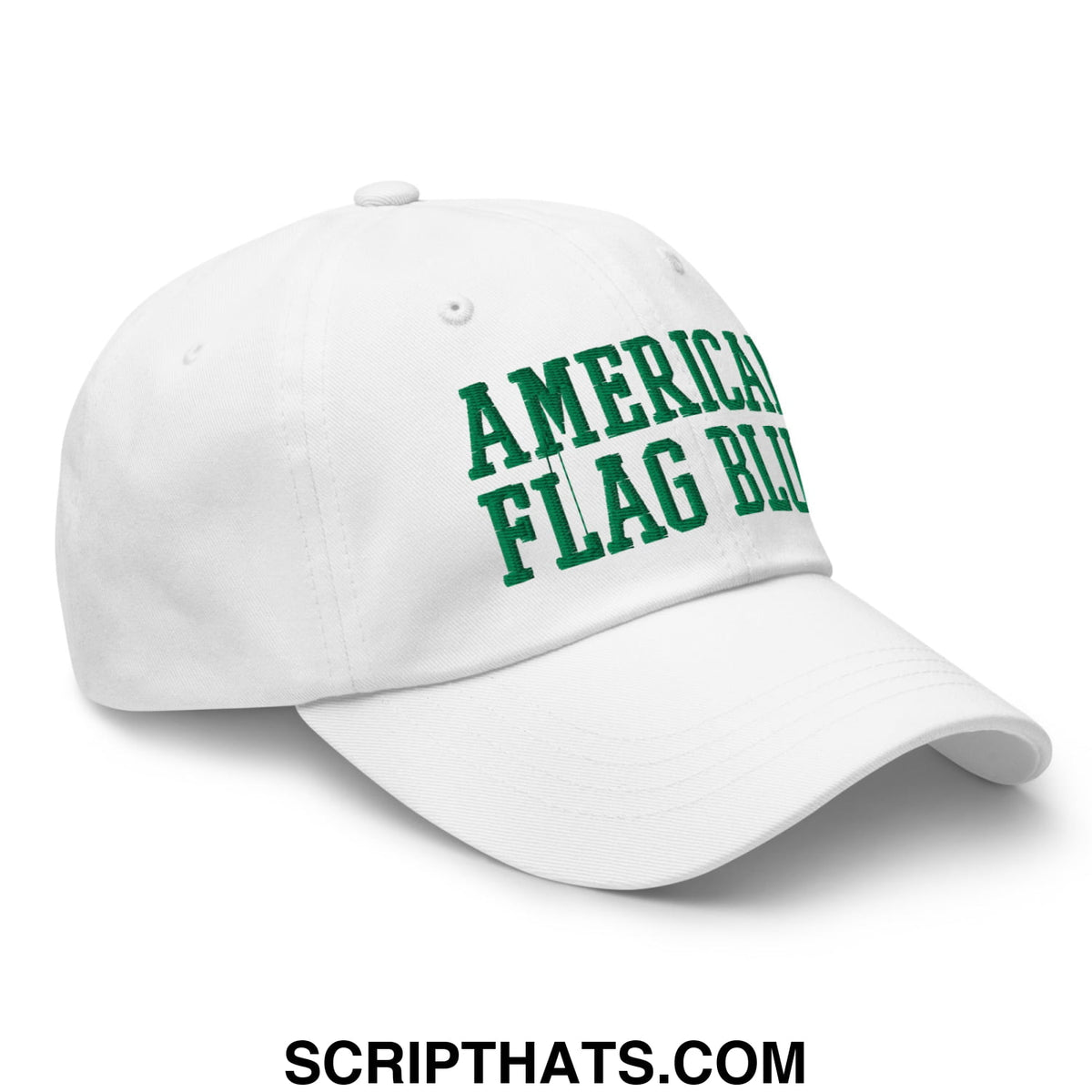 White unstructured dad hat with green embroidered american flag blue text inspired by lincoln memorial pool algae