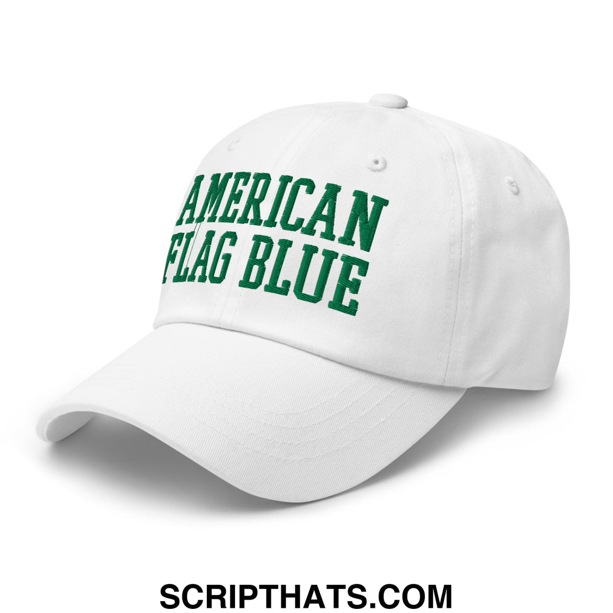 White unstructured dad hat featuring green embroidered american flag blue text inspired by lincoln memorial pool algae