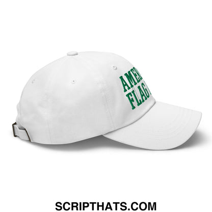 White unstructured dad hat with green embroidered american flag text and blue lincoln memorial reflecting pool design