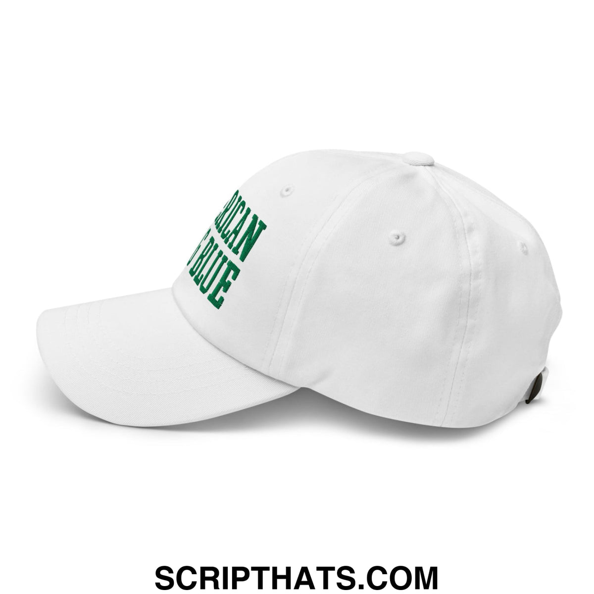 White unstructured dad hat with green embroidered american blue text inspired by lincoln memorial pool algae