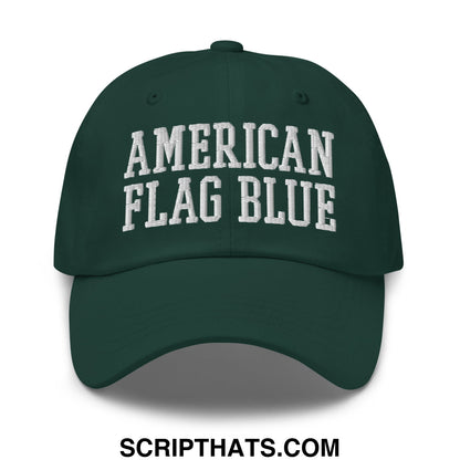 Dark green american flag blue embroidered dad hat featuring a classic collegiate font and unstructured design