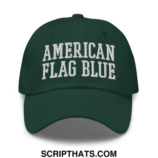 Dark green american flag blue embroidered dad hat featuring a classic collegiate font and unstructured design